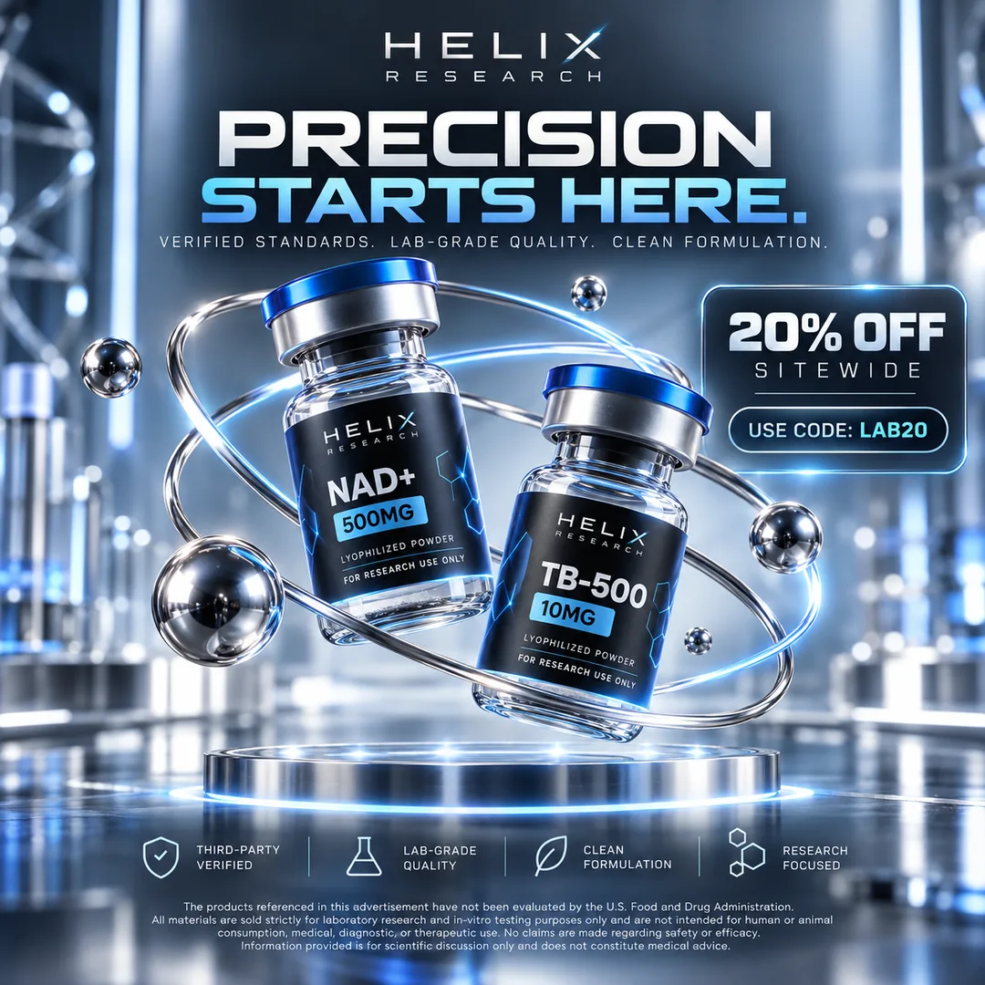 Static Instagram ad for a peptide brand, two vials in chrome orbit rings with a 20% off sitewide code