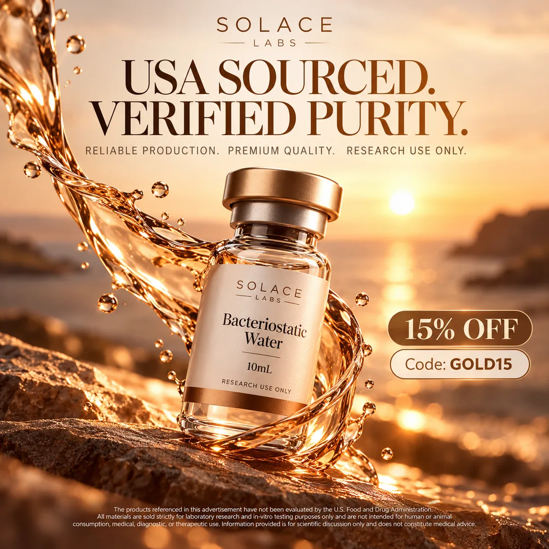 Static Instagram ad for a peptide brand, bacteriostatic water vial in a golden splash at sunset with a 15% off code
